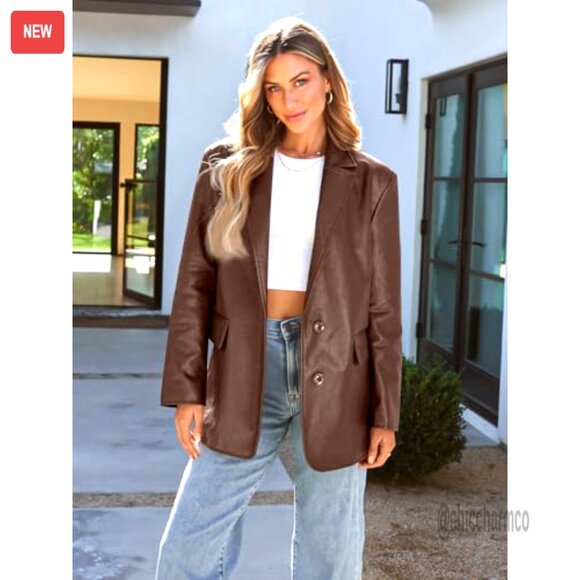 Oversized Faux Leather Motorcycle Jacket Y2K Punk Biker Bomber Coat Fall Winter - Picture 2 of 6